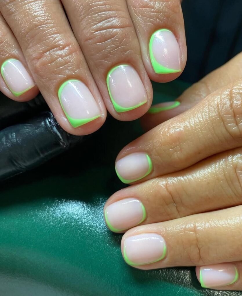 Nude pink Nails with Green Frame