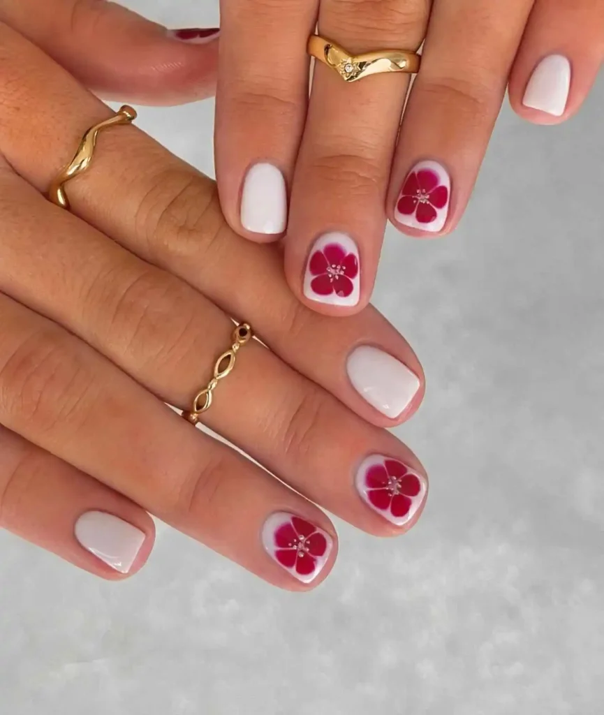 Short Nail Ideas - Pastel White & Dark Flower Print
