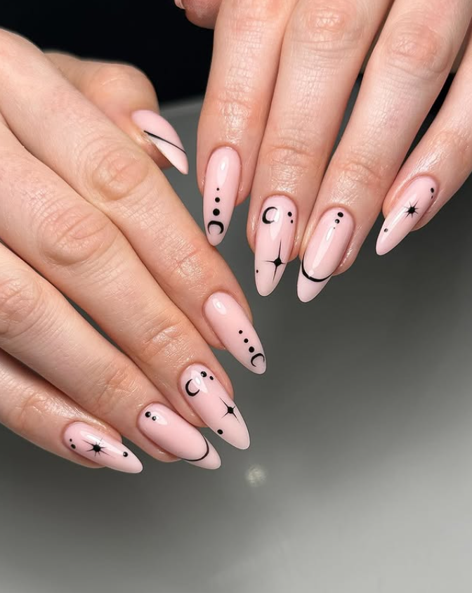 Phases of the Moon Neutral nails with Black Decals