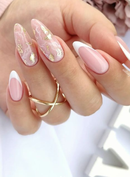 Beautiful Almond Shape French Inspo Nail with Gold Decals