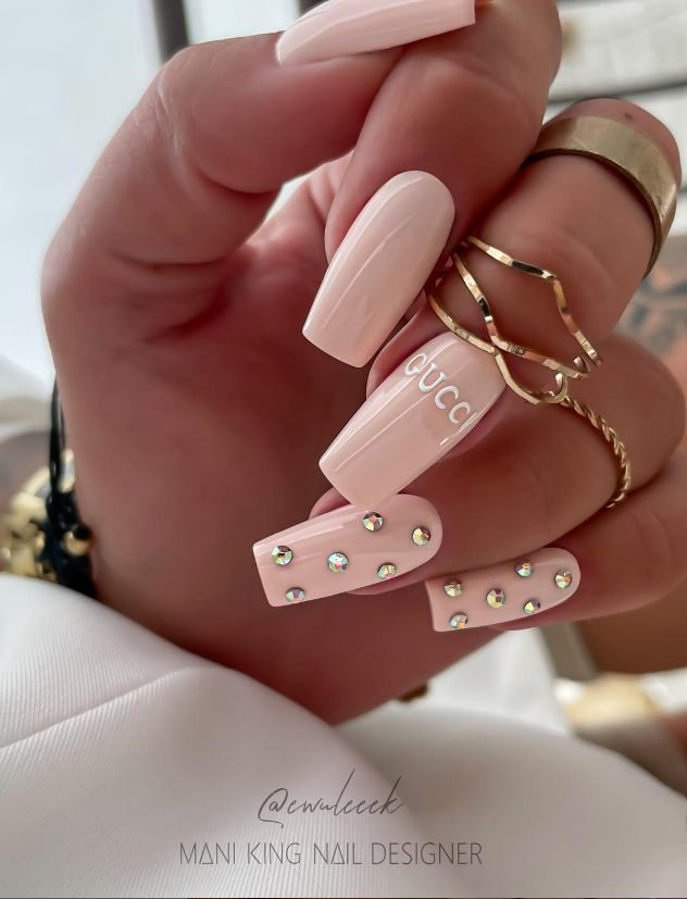 Gloss Baby Pink Nails with Gucci Decal & Rhinestone