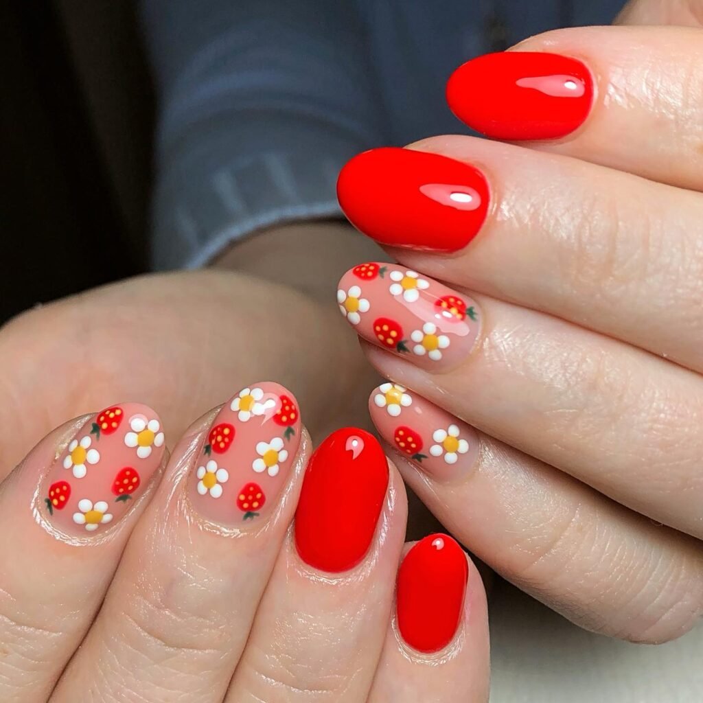 Short Strawberry & Red Nail Idea