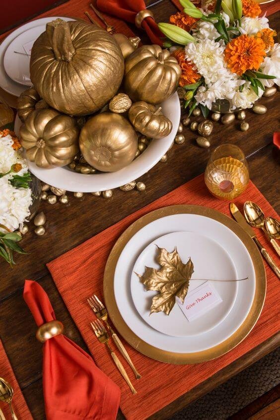 Gold Painted Pumpkins & Leaves