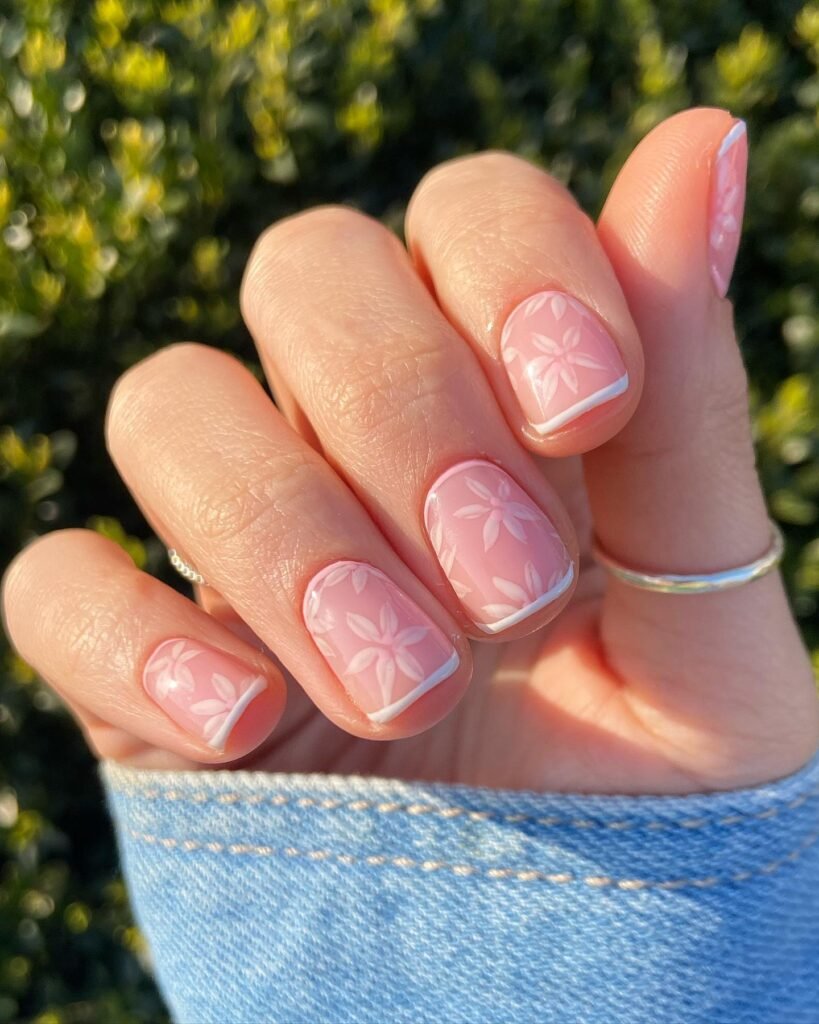 Short Nude French Tips with Blossom Decals