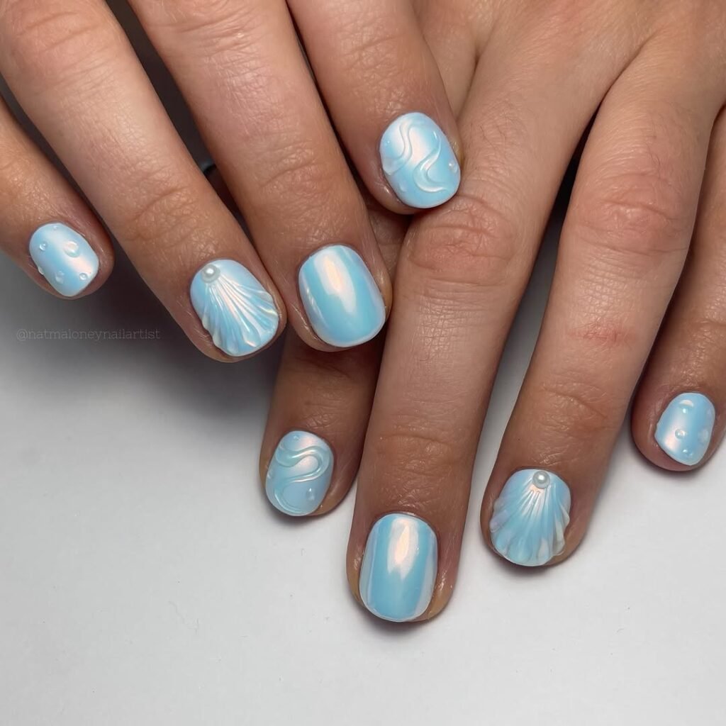 Short Blue Pearlescent Nails