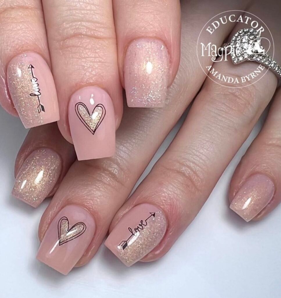 Glitter Pink Nails with Text Decals & Hearts